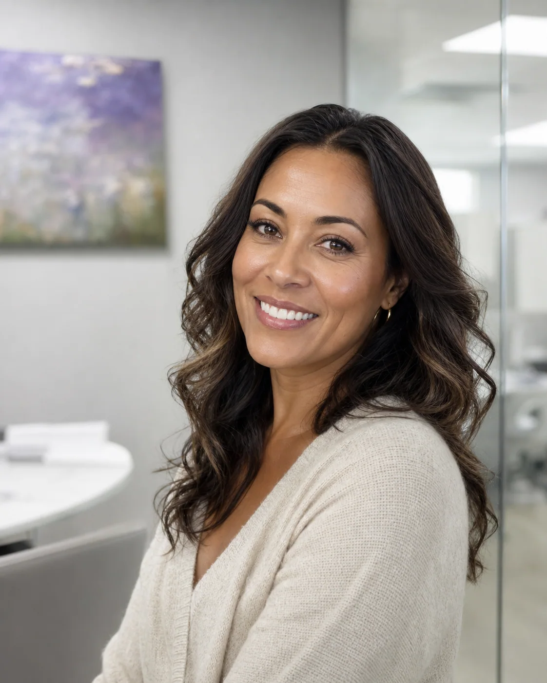 Woman smiling confidently in a softly lit portrait