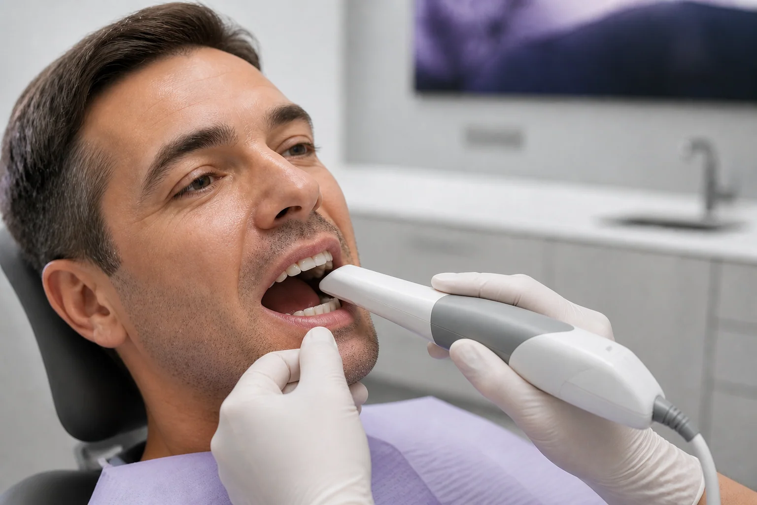 Dental professional using a digital intraoral scanner during an examination