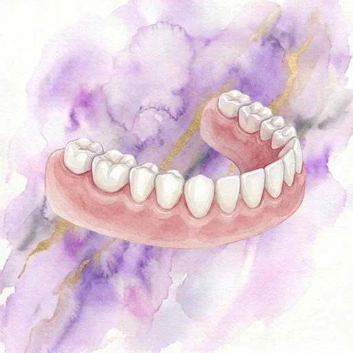 Watercolor illustration of a partial denture replacing several missing teeth