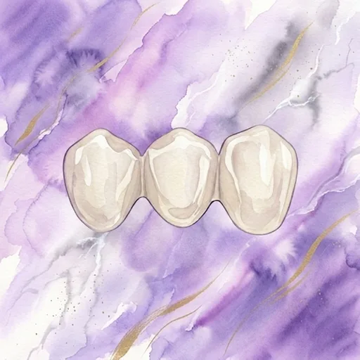 Watercolor illustration of a dental bridge replacing a missing tooth between two anchor teeth