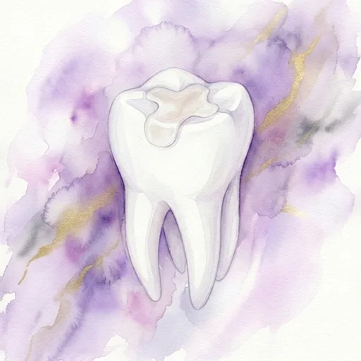 Watercolor illustration of a tooth-colored composite filling repairing a molar