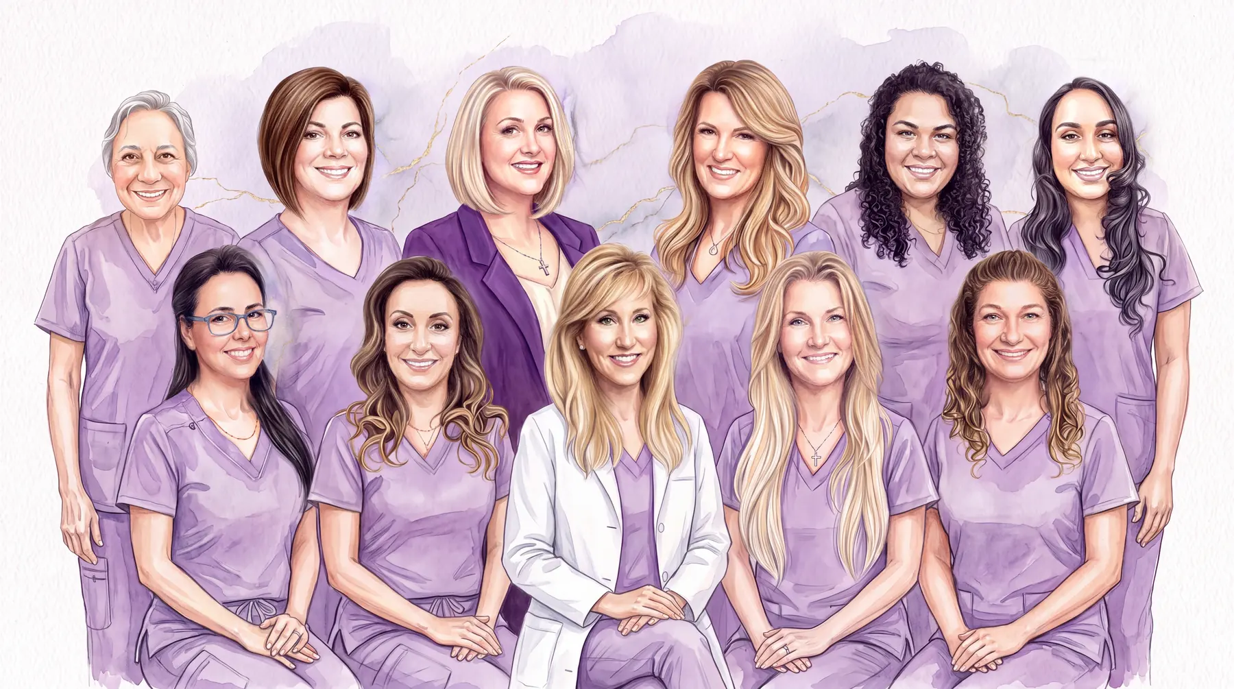 Watercolor group portrait of the Dynamic Dental Arts team