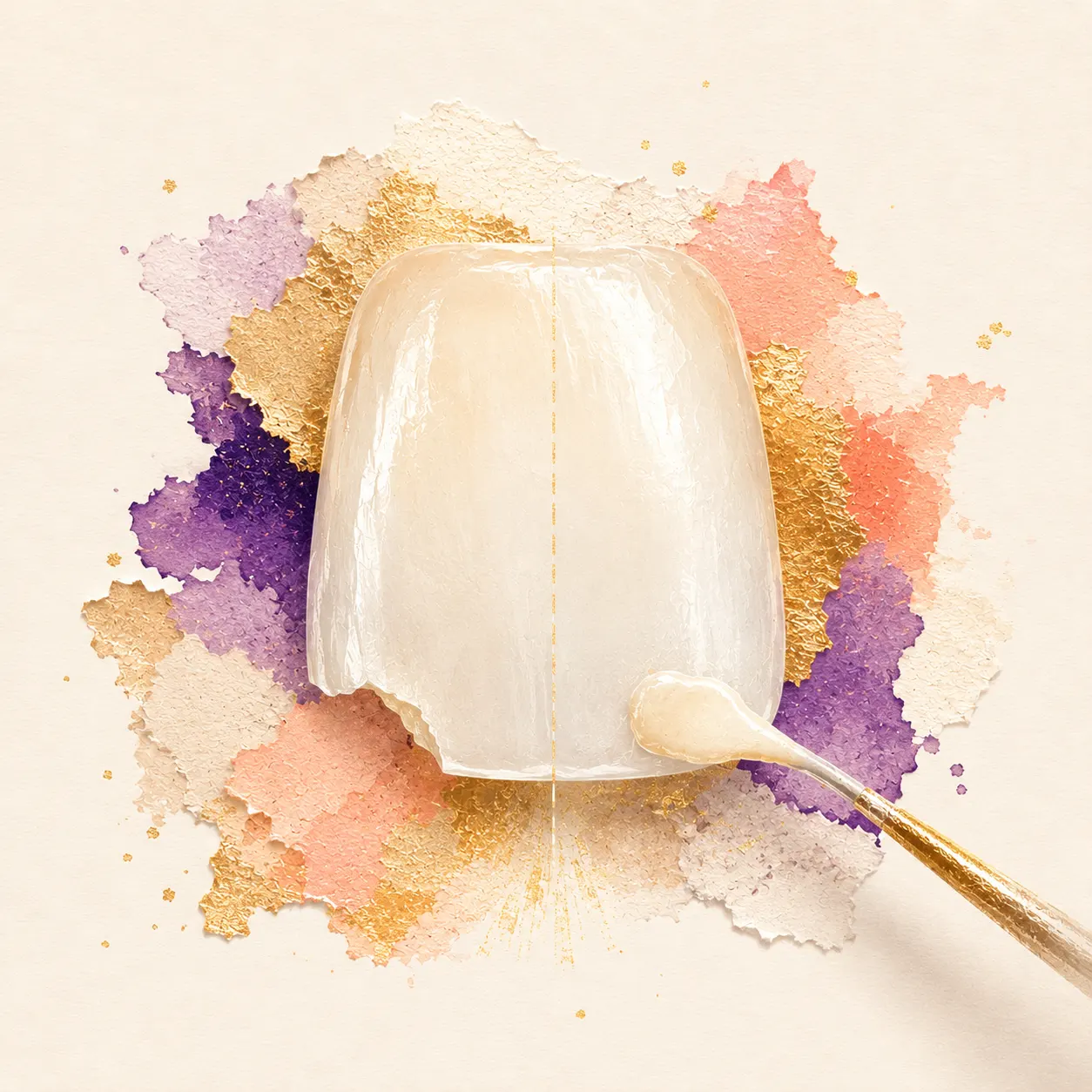 Collage artwork of tooth-colored material sculpting a chipped edge, representing dental bonding