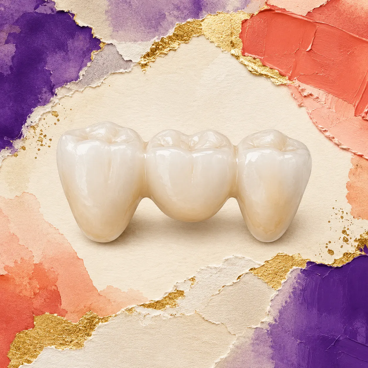Collage artwork of a dental bridge spanning a gap between teeth