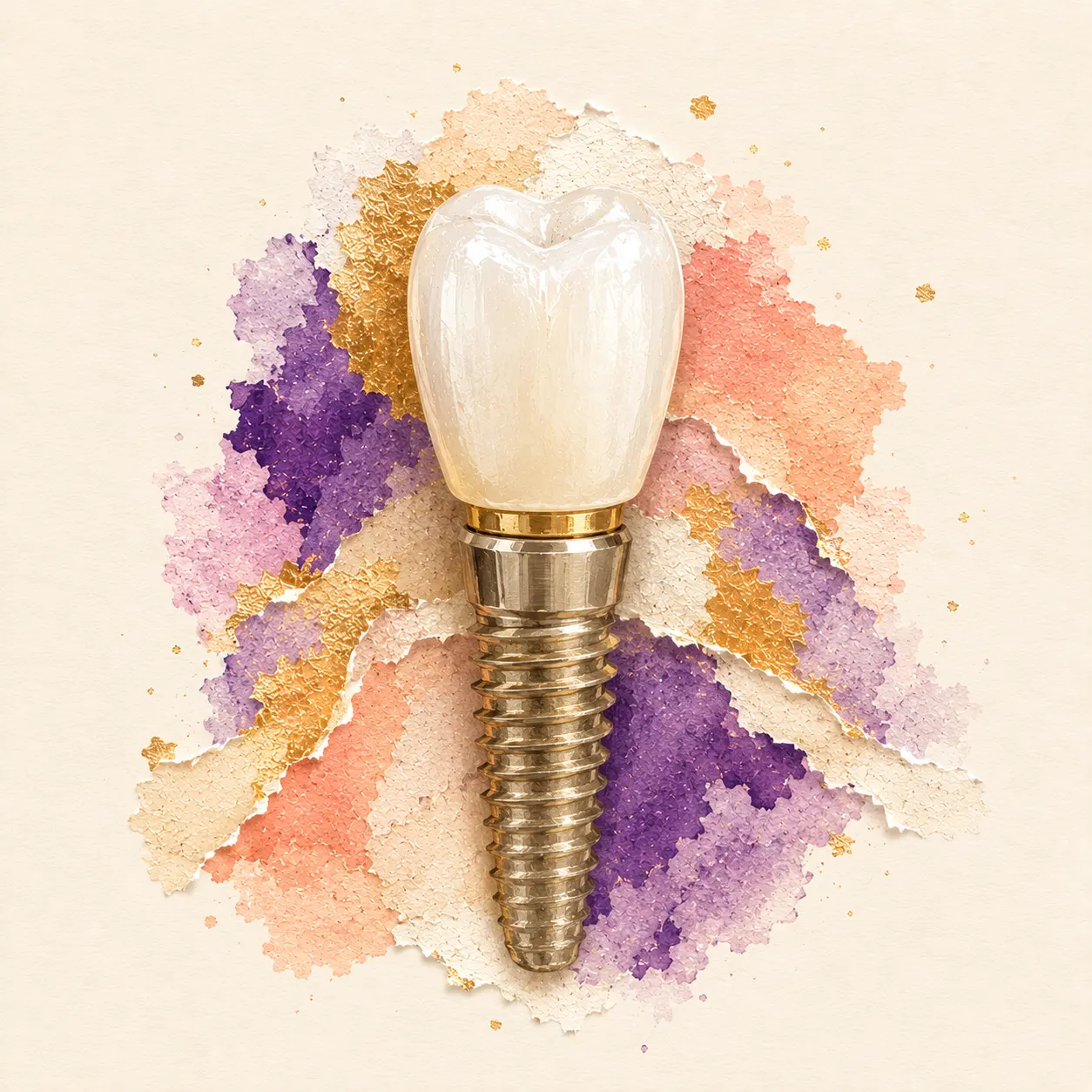 Collage artwork representing a dental implant restoring a missing tooth