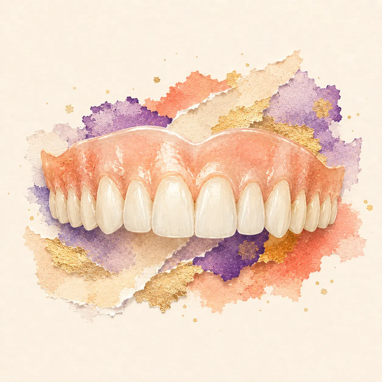 Collage artwork representing custom dentures restoring a complete smile