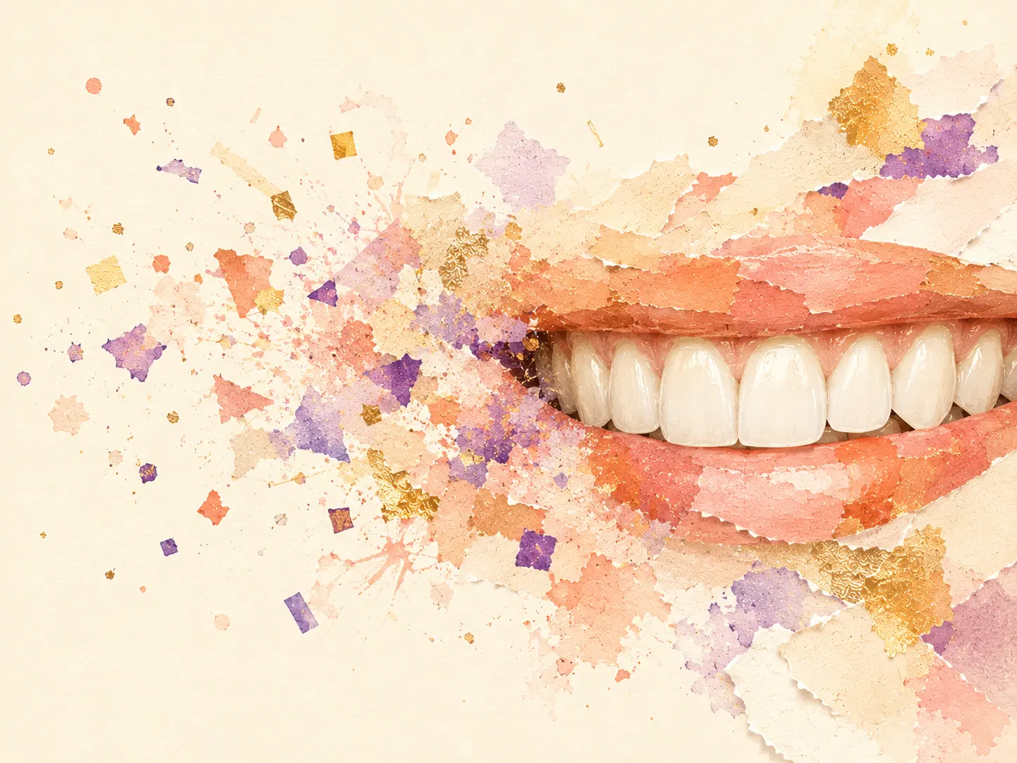 Abstract mixed-media collage of a smile taking shape from scattered paper and paint fragments coming into focus