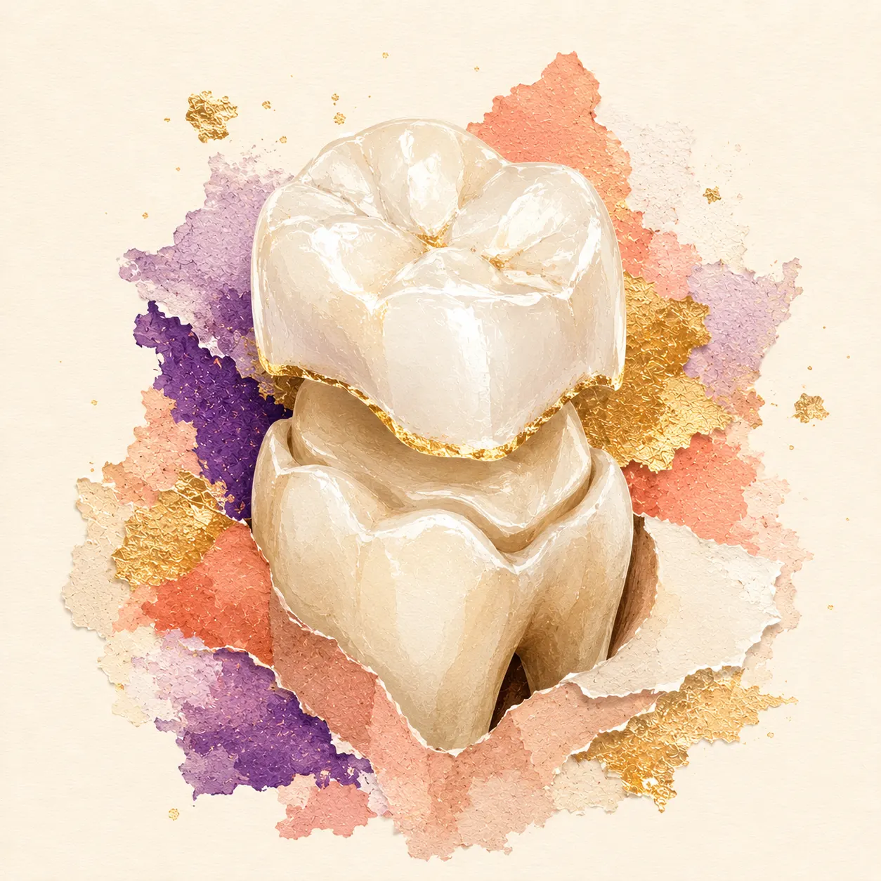 Collage artwork of a crown restoring a tooth, representing same-day CEREC crowns