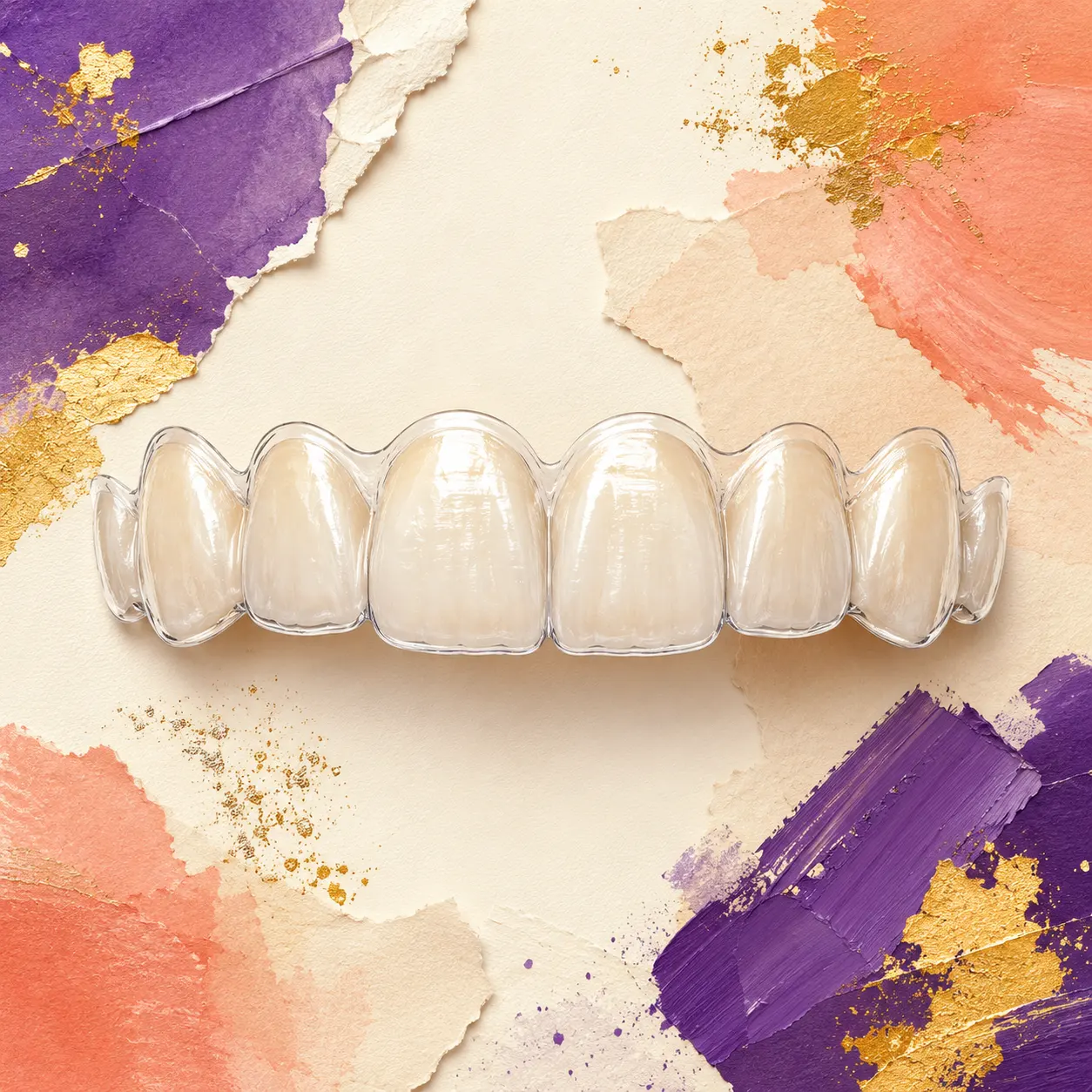 Collage artwork of clear aligners gently straightening a row of teeth